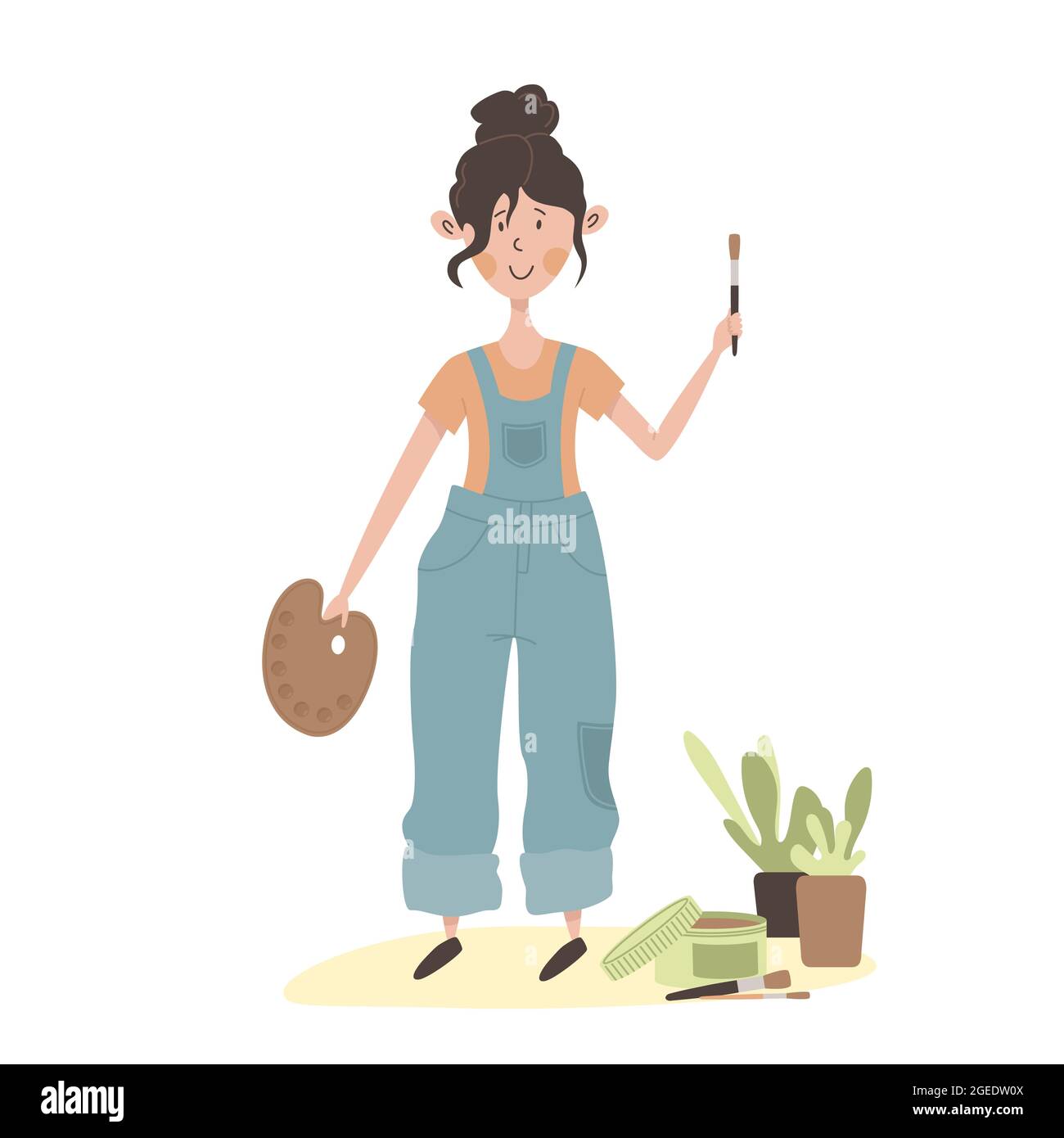 Cute cartoon flat girl artist. Young white woman in blue overalls. Creative  person holds palette for paints and brush. Stylized isolated illustration  Stock Vector Image & Art - Alamy