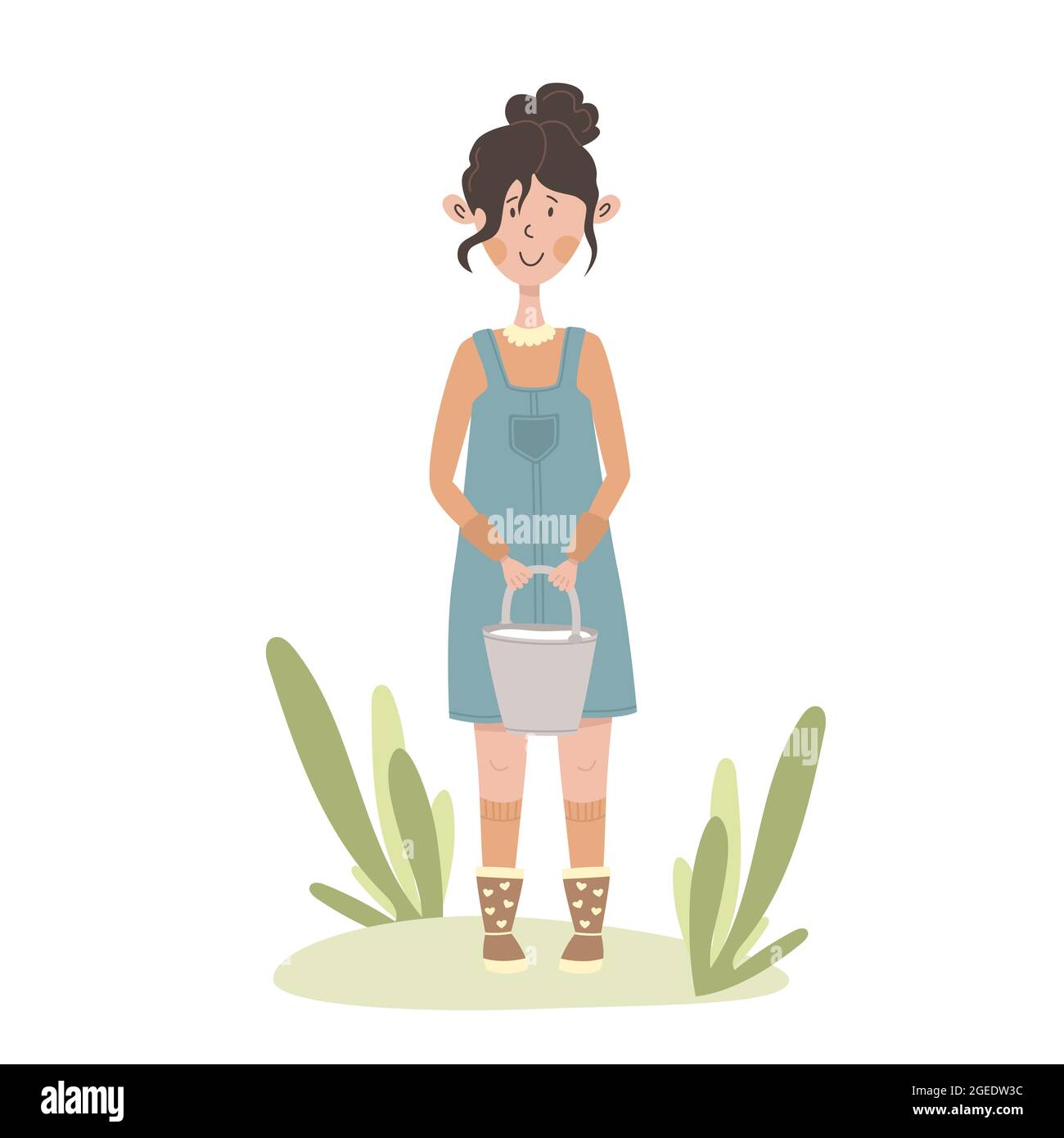 Cute cartoon flat girl milkmaid. Young woman in sundress stands in the garden with bucket of milk. Happy rural farming life. Housework Stock Vector
