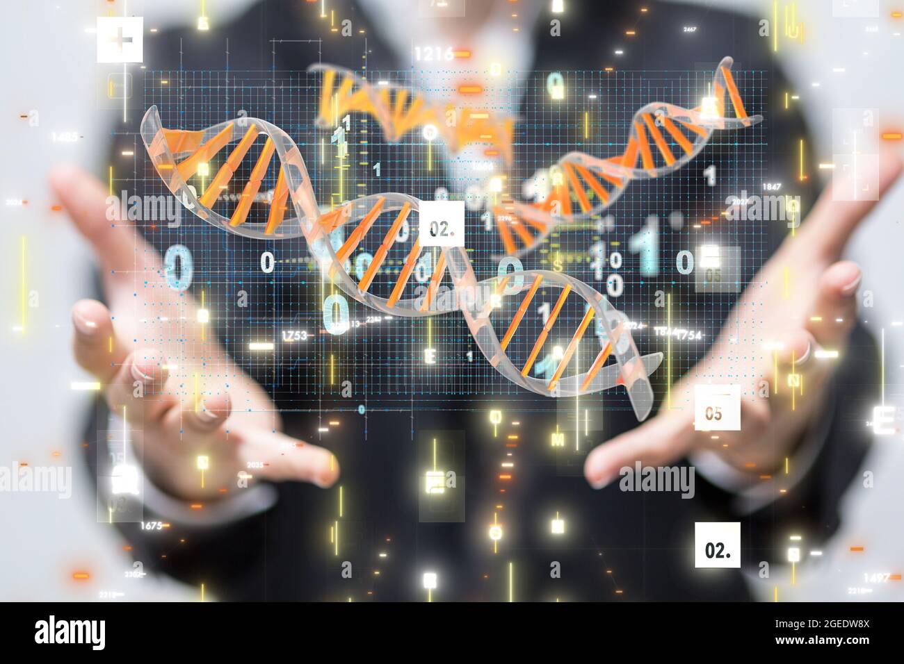 3D render of a DNA sequence and binary code in a businessman's hands ...
