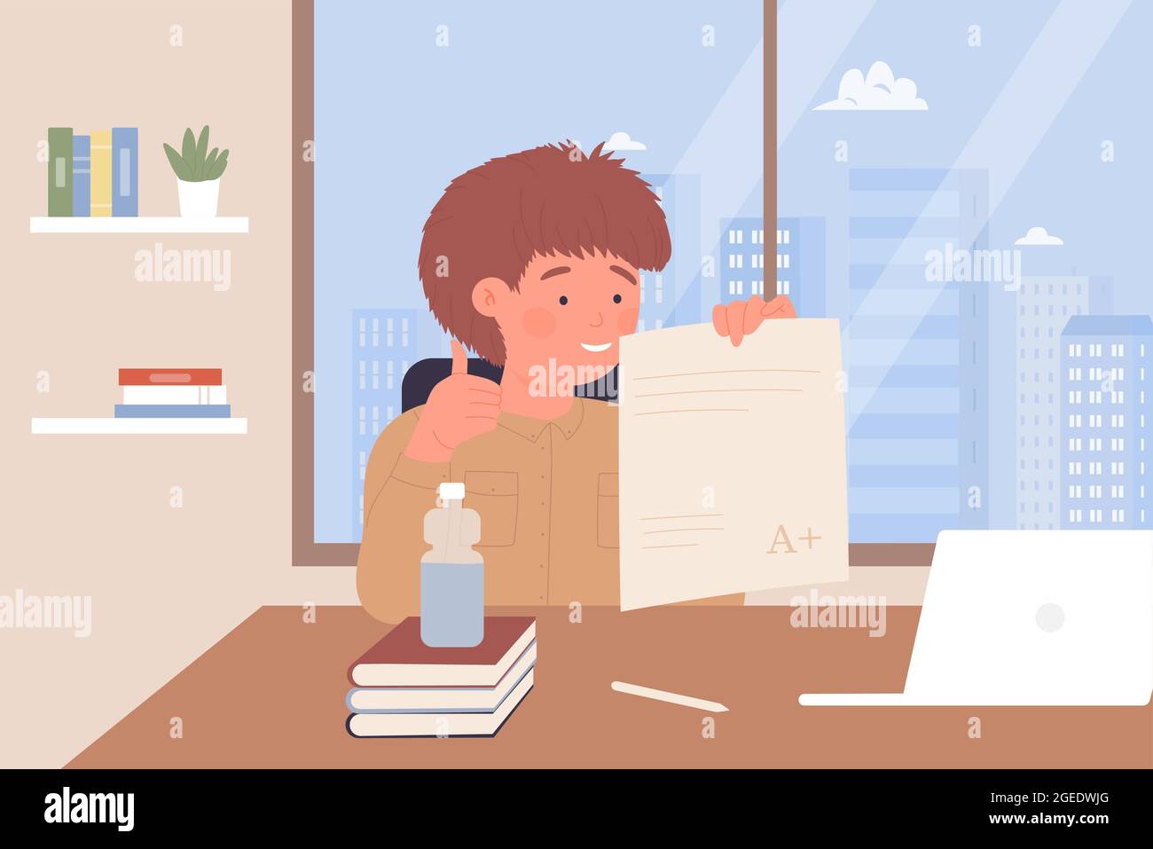 Children students study at home vector illustration. Cartoon cute little  boy child character studying, holding paper with homework, sitting at table  with books and laptop in home interior background Stock Vector Image
