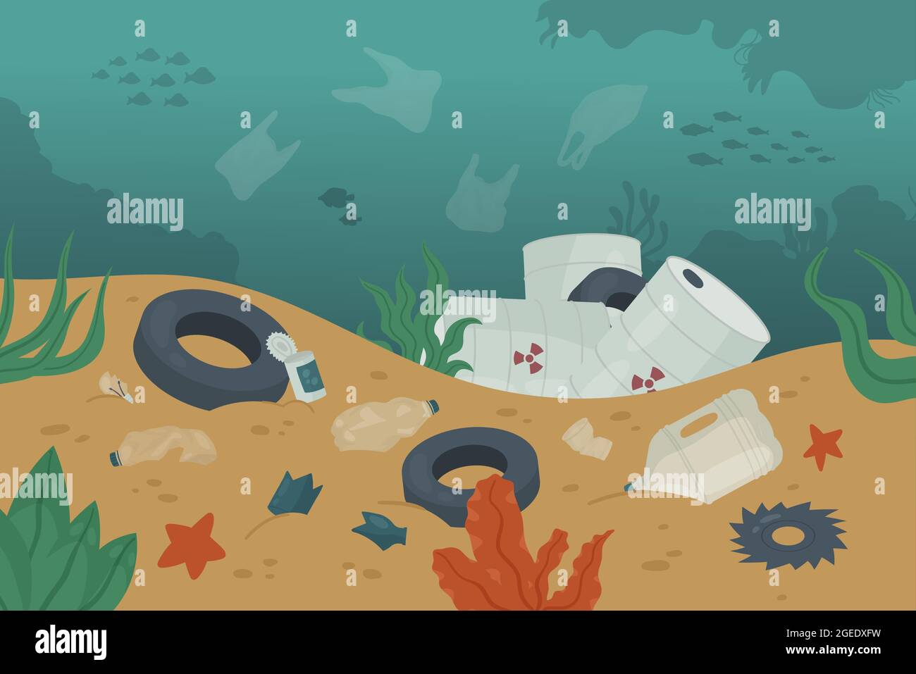 Waste trash pollution in ocean sea water and bottom vector illustration. Cartoon polluted dirty underwater scenery with pile of garbage car tire, poisonous barrel oil tanker, swimming fish background Stock Vector