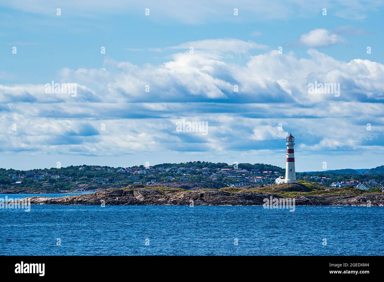 View to the lighthouse Oksøy Fyr near Kristiansand in Norway. Stock Photo
