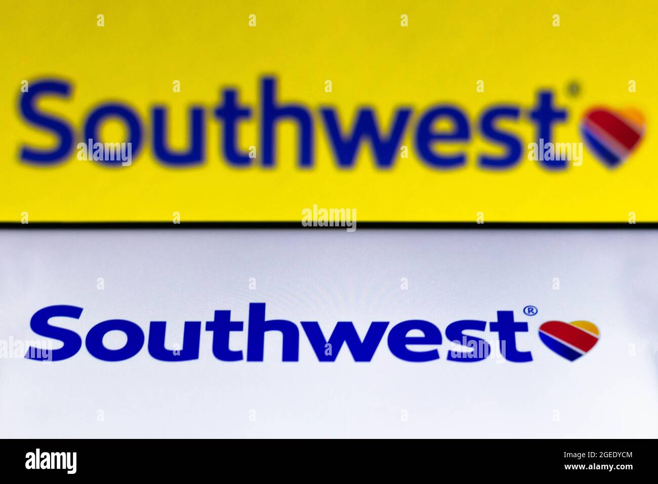 In this photo illustration the Southwest Airlines logo seen displayed on a smartphone. Stock Photo