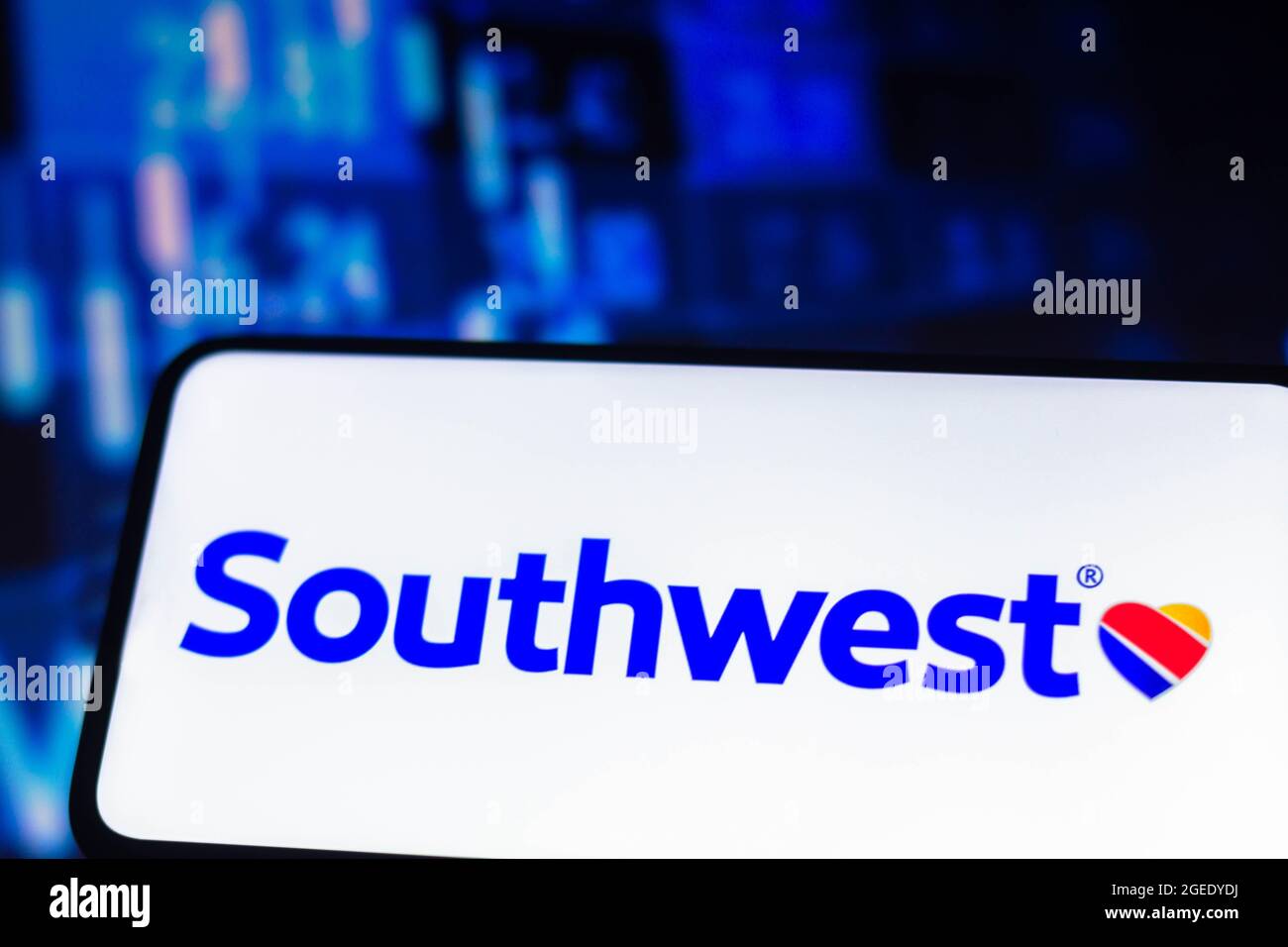 In this photo illustration the Southwest Airlines logo seen displayed on a smartphone. Stock Photo
