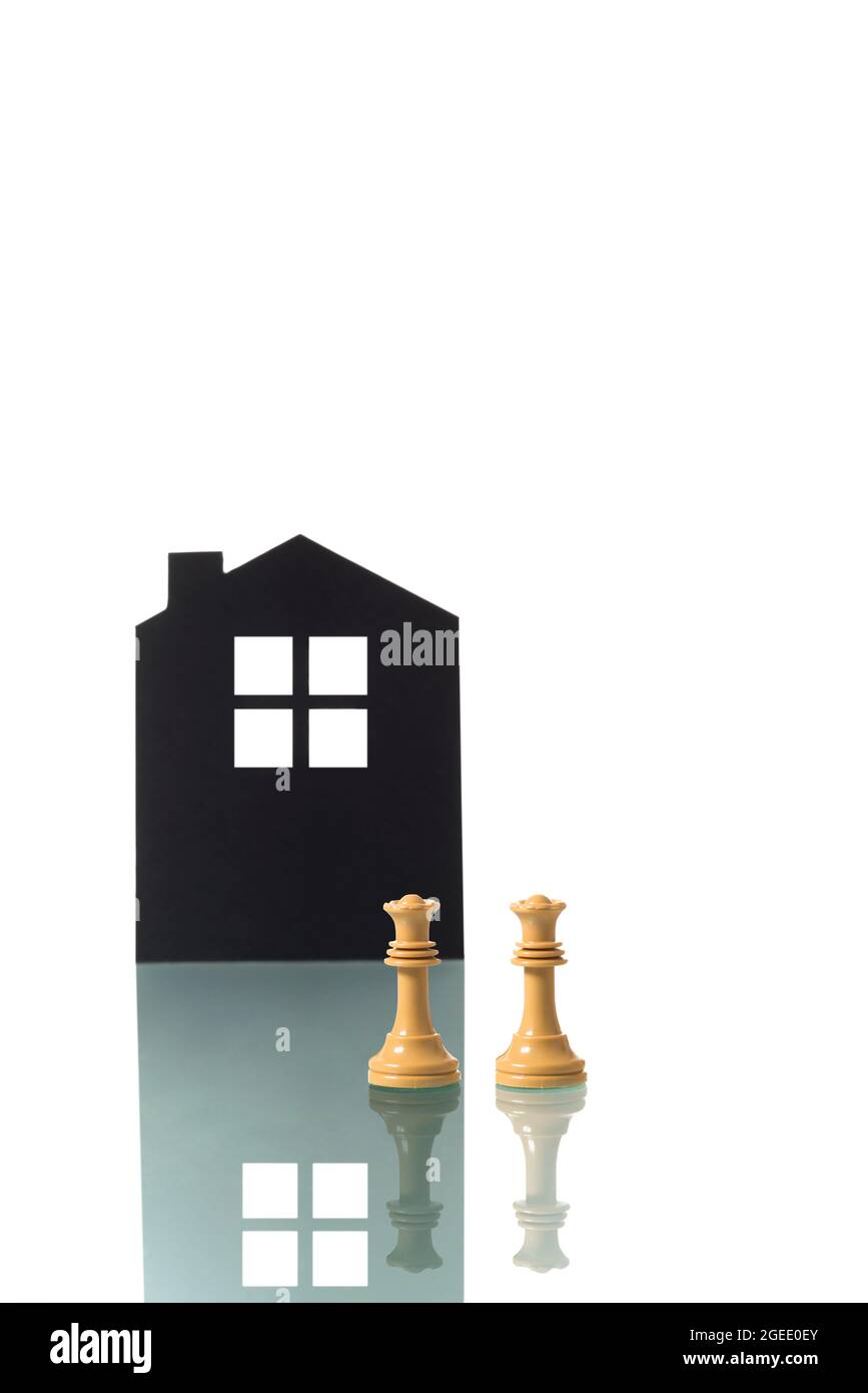 Conceptual photograph of chess pieces metaphorically representing a white female homosexual couple forming a childless family; with the silhouette of Stock Photo