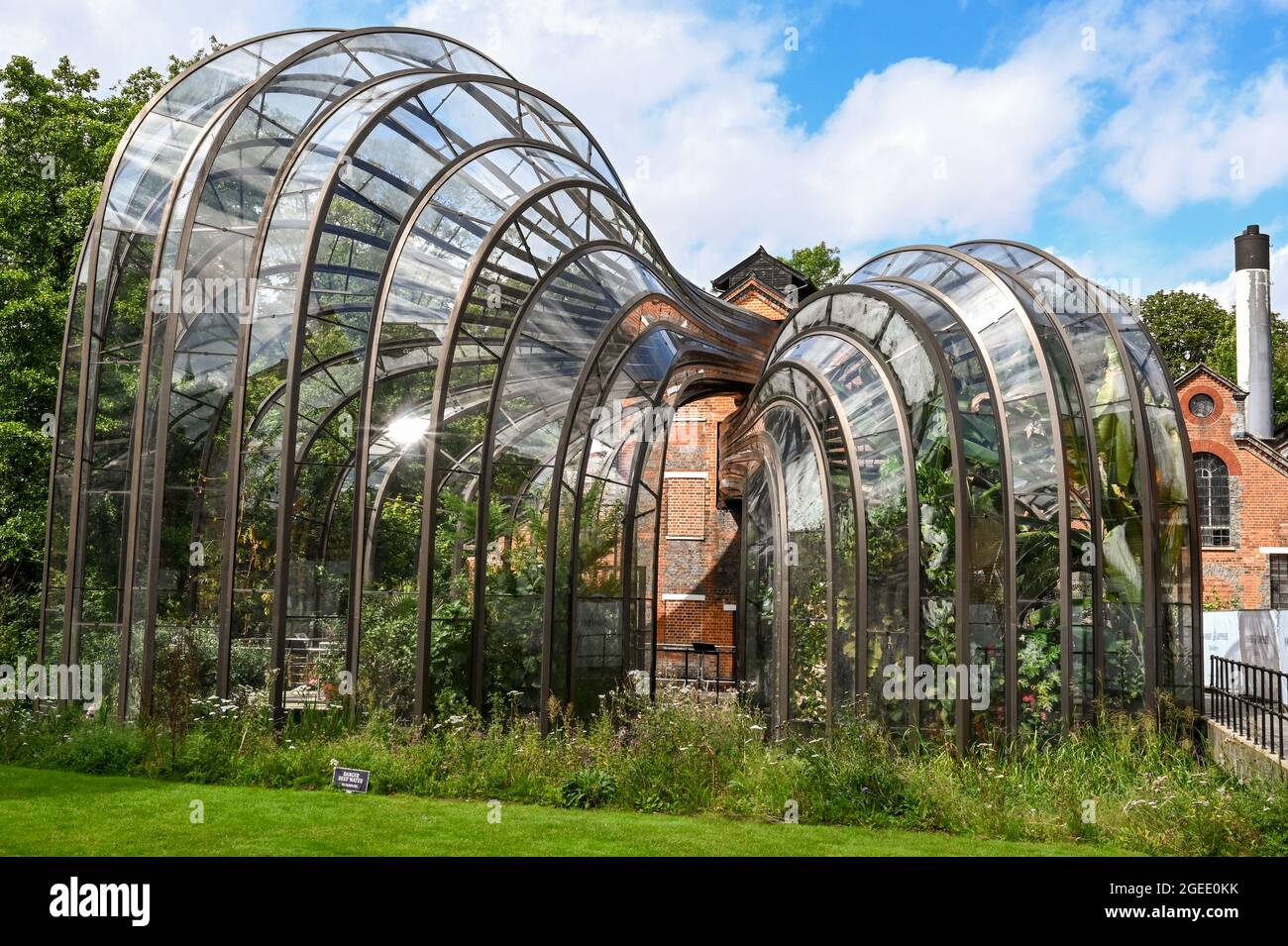 Whitchurch, Hampshire, England - August 2021: Large glasshouses, which from part of the Bombay Sapphire Gin Distillery Stock Photo