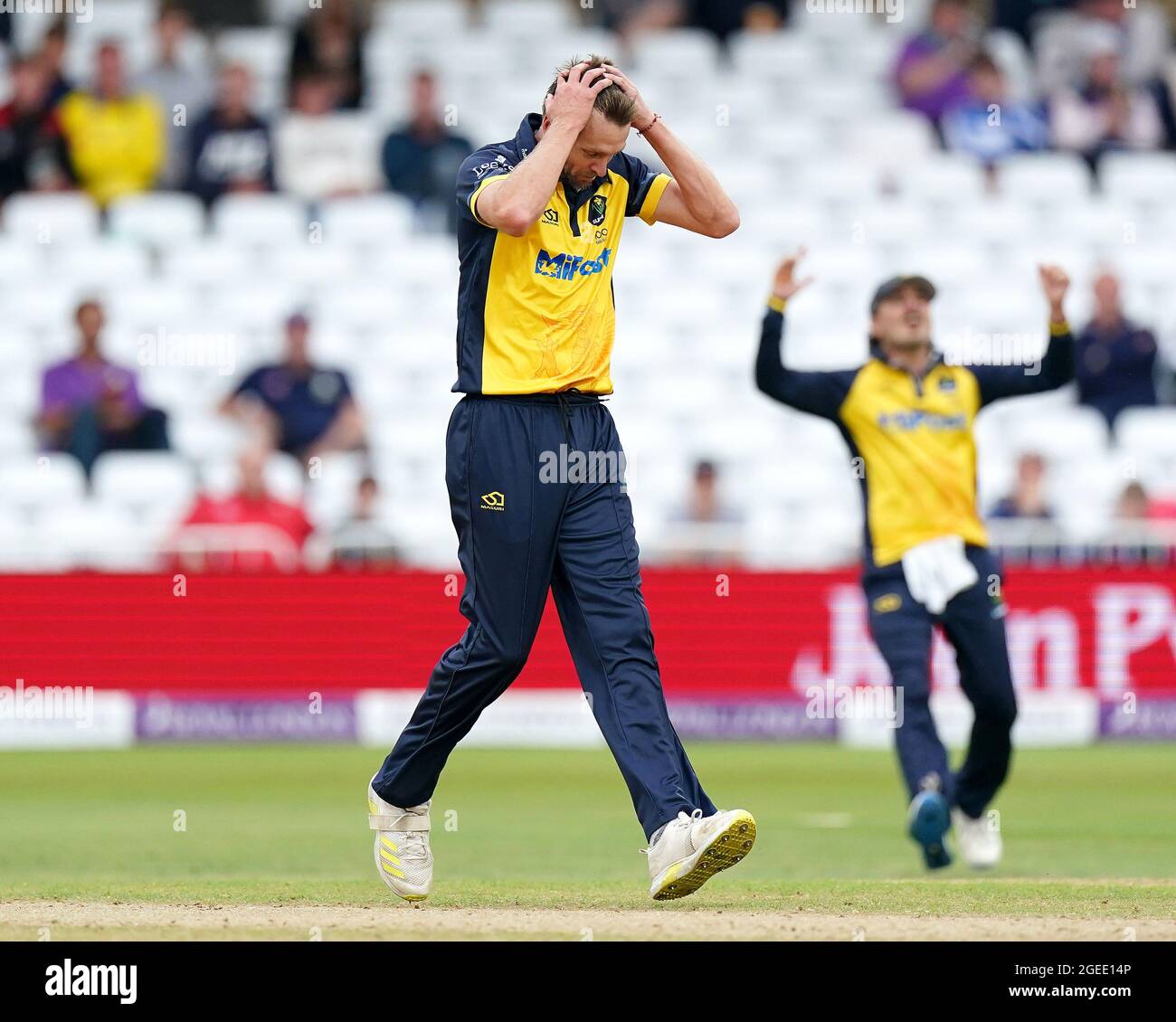 Glamorgan's Michael Hogan reacts during the Royal London One-Day Cup Final at Trent Bridge, Nottingham. Picture date: Thursday August 19, 2021. See PA story CRICKET Final. Photo credit should read: Zac Goodwin/PA Wire. RESTRICTIONS: No commercial use without prior written consent of the ECB. Still image use only. No moving images to emulate broadcast. Editorial use only. No removing or obscuring of sponsor logos. Stock Photo