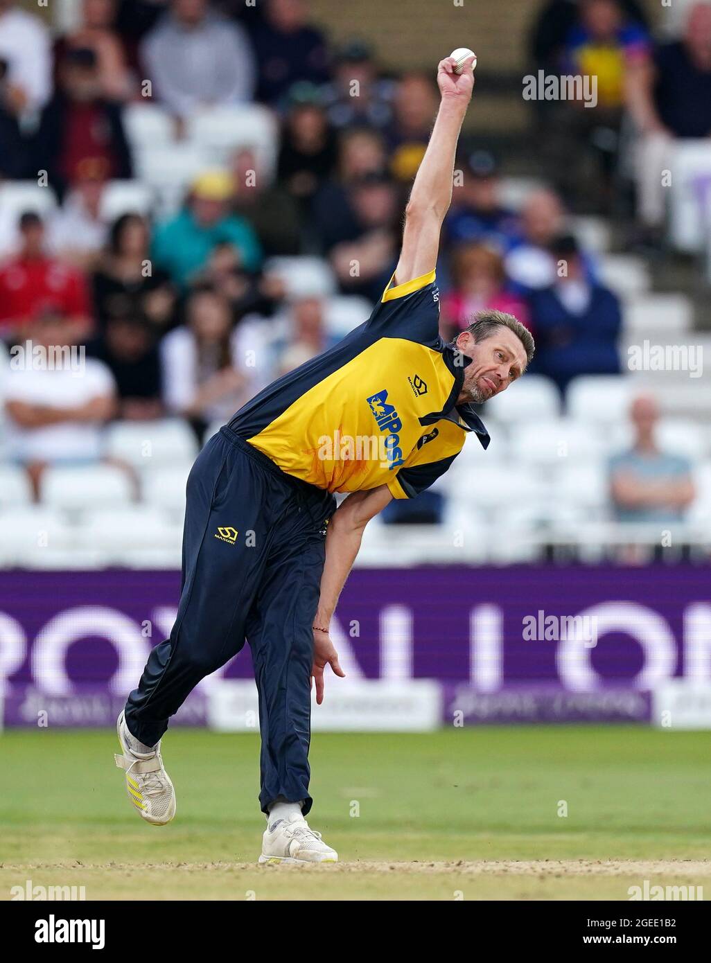 Glamorgan's Michael Hogan during the Royal London One-Day Cup Final at Trent Bridge, Nottingham. Picture date: Thursday August 19, 2021. See PA story CRICKET Final. Photo credit should read: Zac Goodwin/PA Wire. RESTRICTIONS: No commercial use without prior written consent of the ECB. Still image use only. No moving images to emulate broadcast. Editorial use only. No removing or obscuring of sponsor logos. Stock Photo
