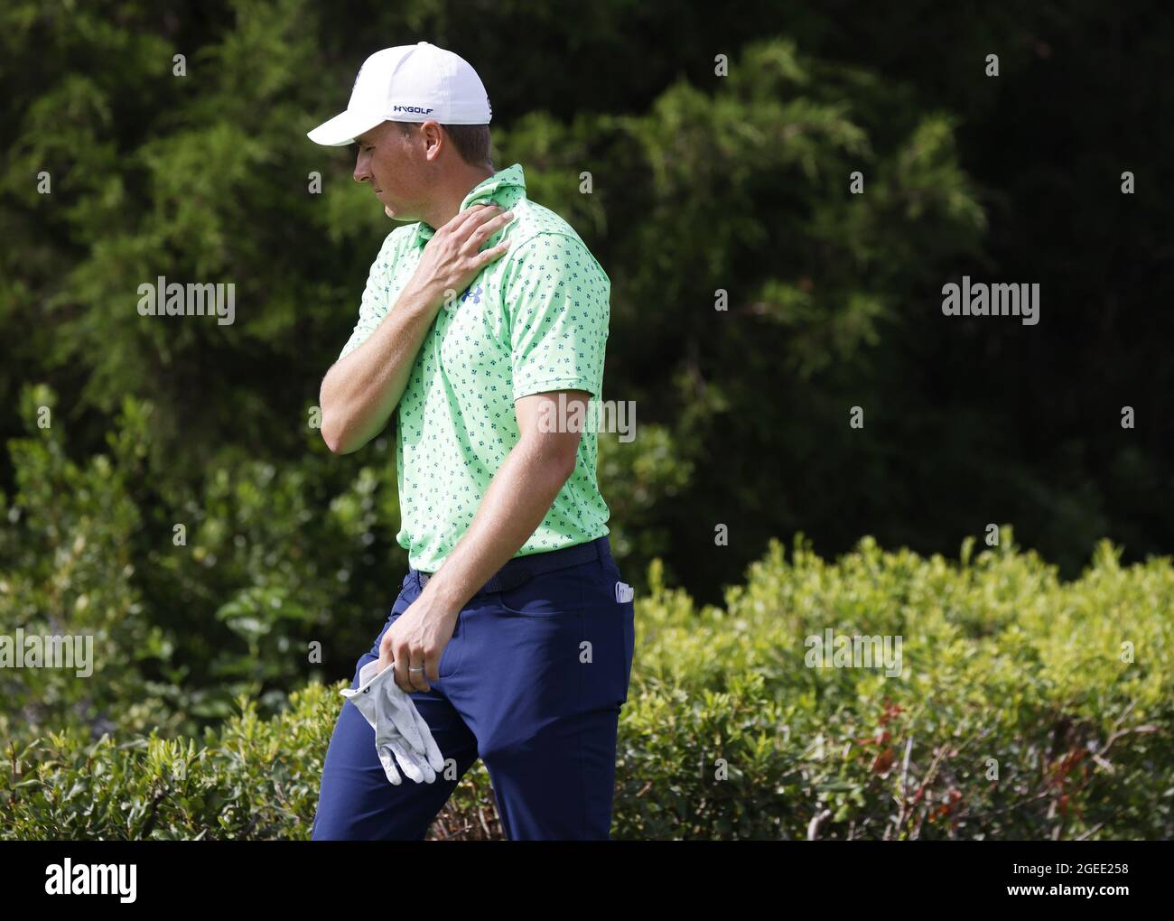 New York United States 19th Aug 21 Jordan Spieth Reacts As He Walks To The 16th Tee Box In The First Round Of The 21 Northern Trust As Part Of Of The
