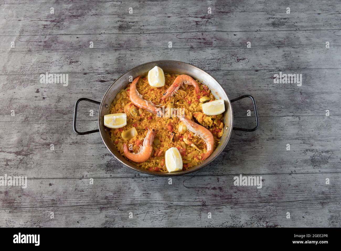 Dish above view, mediterranean food fusion creative plate. Spain food. Stock Photo