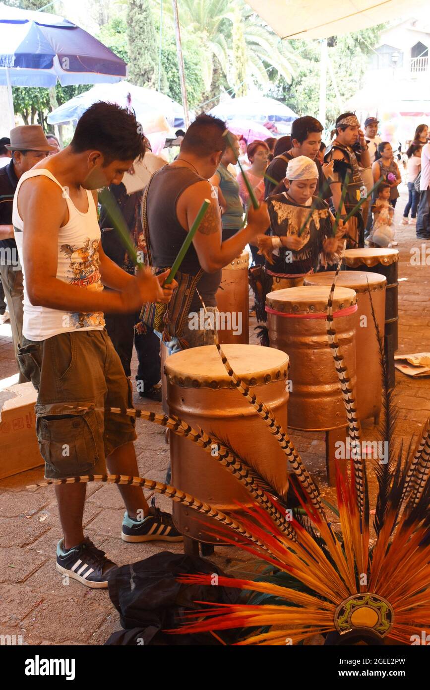 Drums pounding out rhythms during a traditional Aztec dance Stock Photo
