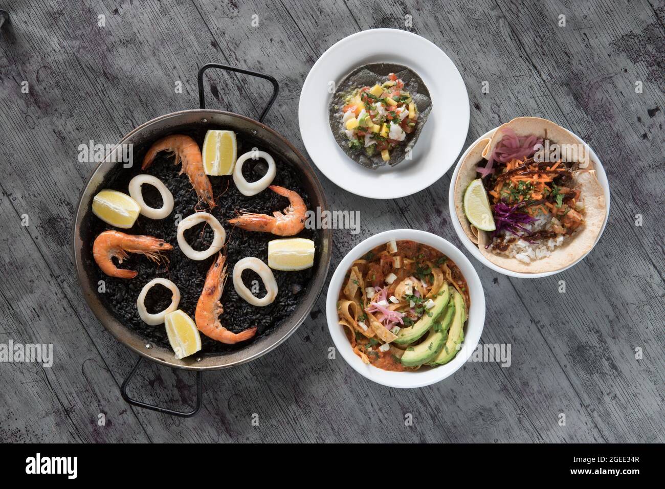 Paella dishes composition hi view, above view, creative contemporary concept mediterranean set Stock Photo
