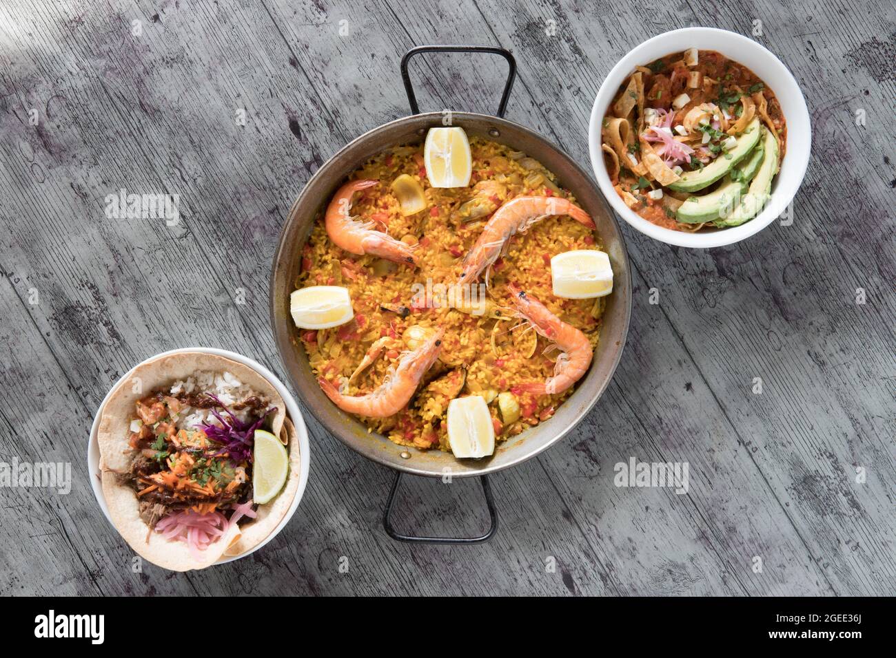 Paellas dishes composition hi view, above view, creative contemporary concept mediterranean set Stock Photo