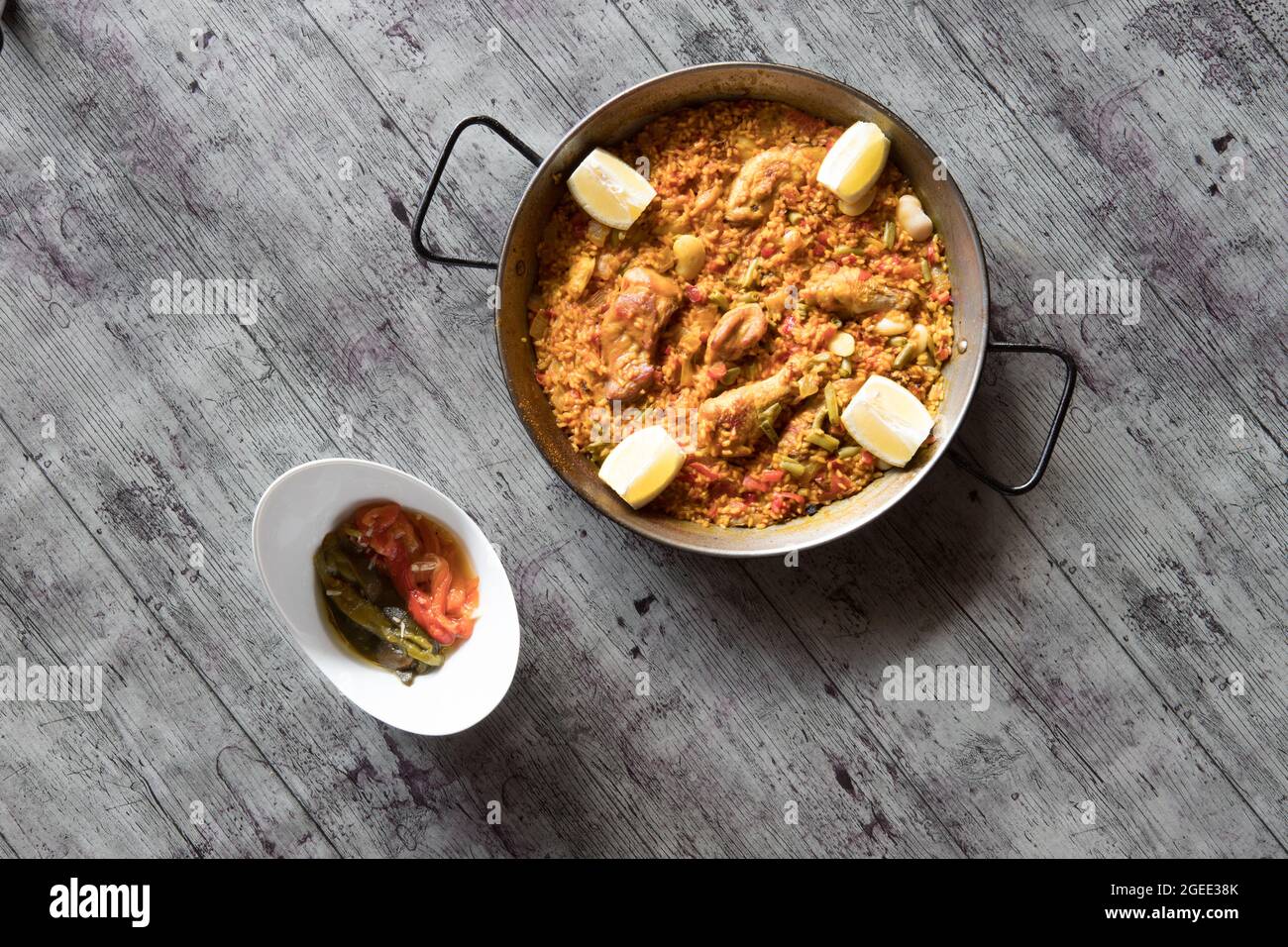 Paellas dishes composition hi view, above view, creative contemporary concept mediterranean set Stock Photo