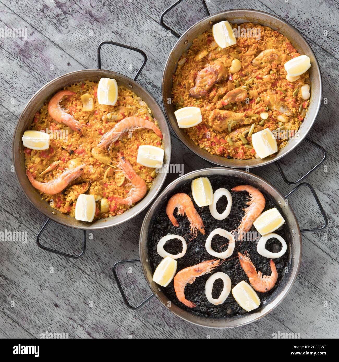 Paellas dishes composition hi view, above view, creative contemporary