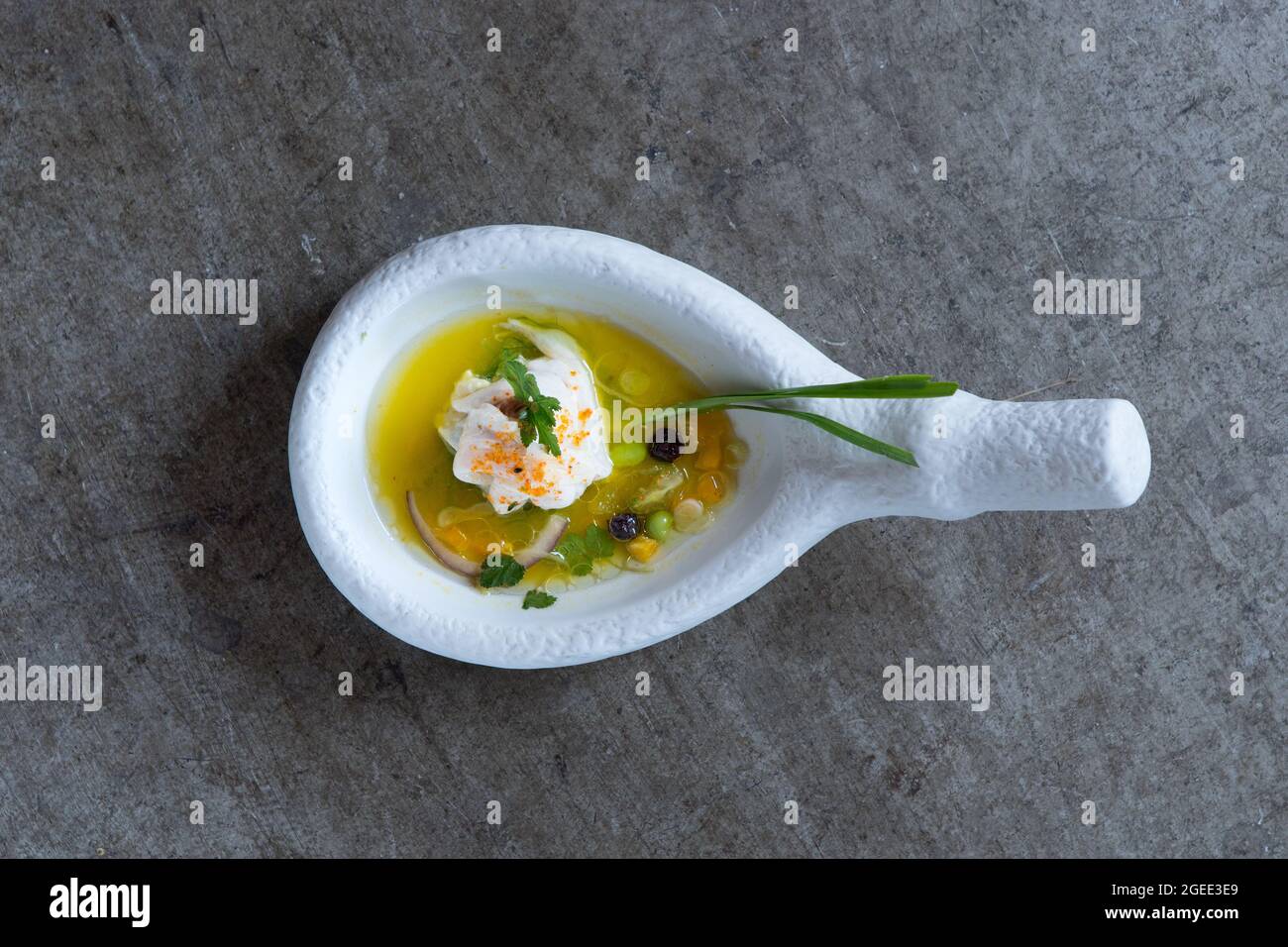 Dish above view, mediterranean food fusion creative plate. Spain food. Stock Photo
