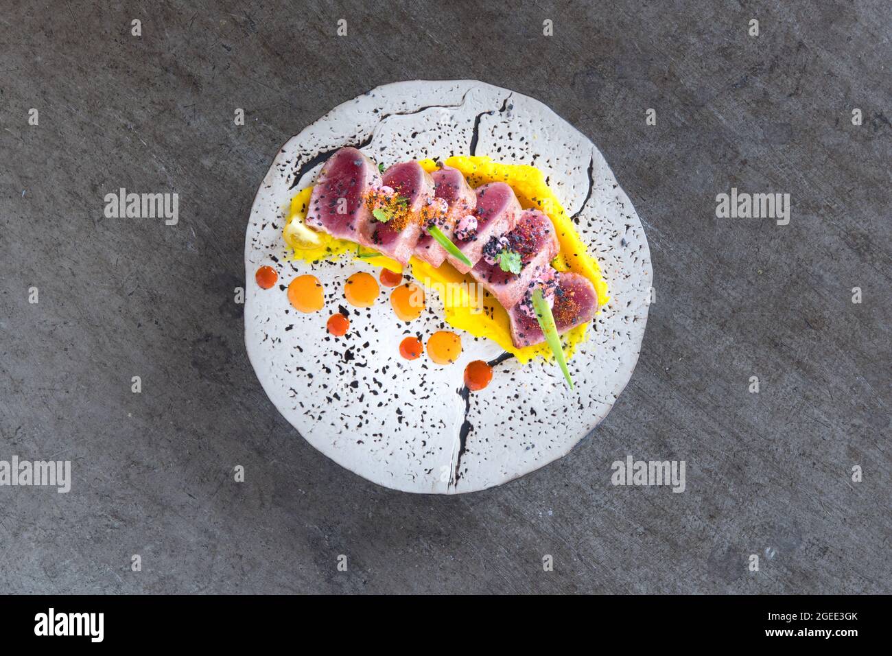 Dish above view meat slides , mediterranean food fusion creative plate. Spain food. Stock Photo