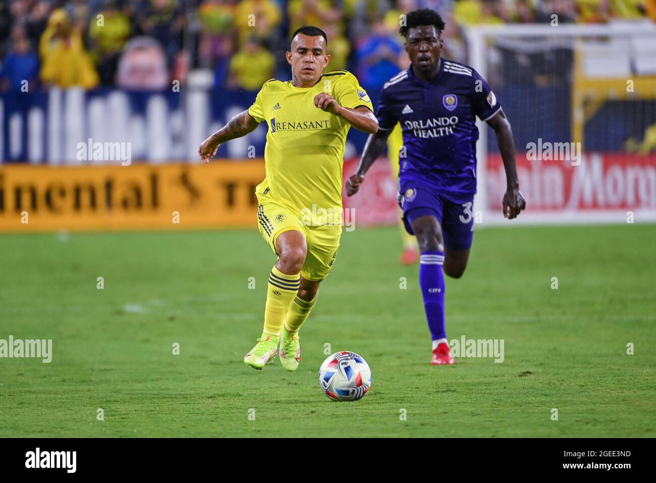 August 18, 2021: Nashville forward, Randall Leal (8), moves the ball downfield during the MLS match between Orlando City SC and Nashville SC at Nissan Stadium in Nashville, TN. Kevin Langley/CSM Stock Photo