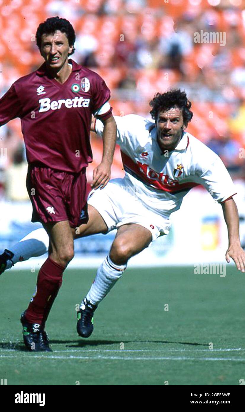 Luca Fusi of Torino and Roberto Donadoni of AC Milan in action during the final of the 1993 Italian Super Cup, at RFK Stadium, in Washington, DC. Stock Photo