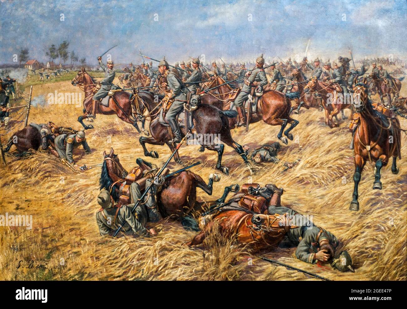 Painting of WWI Battle of the Silver Helmets / 1914 Slag der Zilveren Helmen, last great cavalry charge by the German army at Halen, Limburg, Belgium Stock Photo