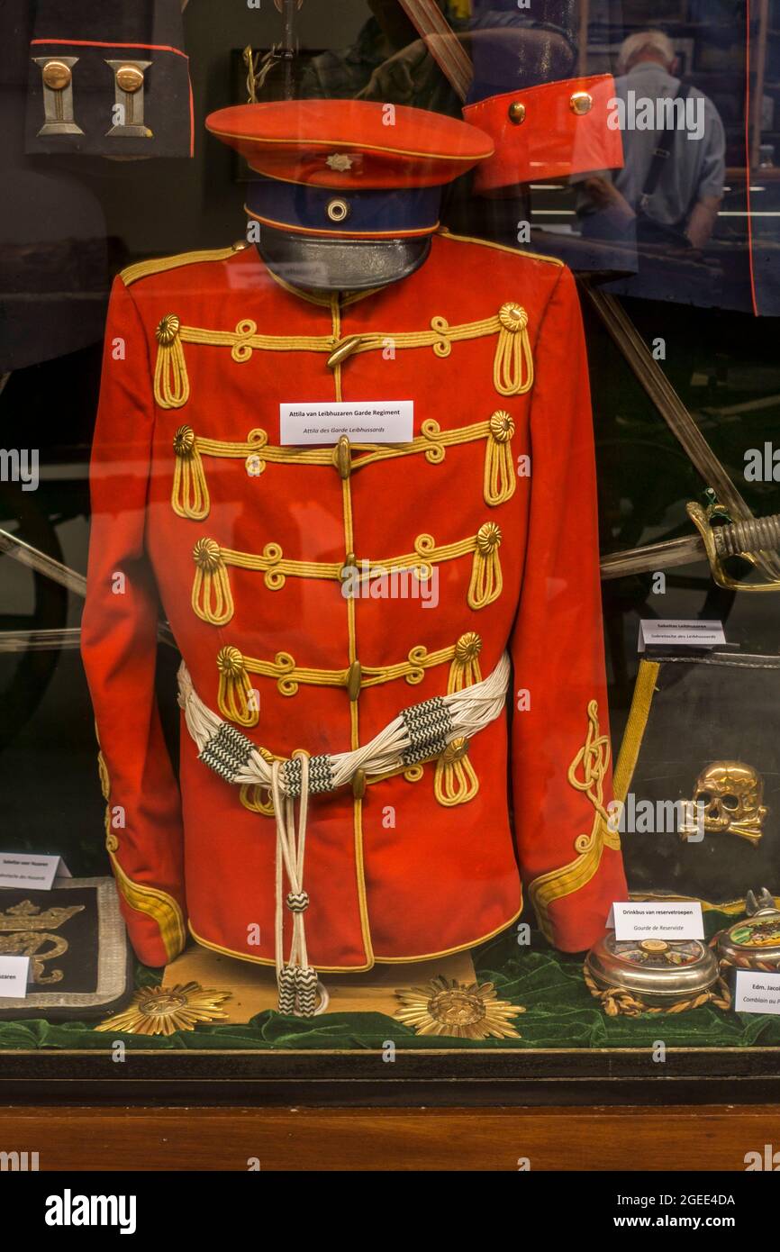 Red German tunic / uniform of the Hussar Attila for the Leib-Hussar Regiment / Life Hussar Regiment Stock Photo