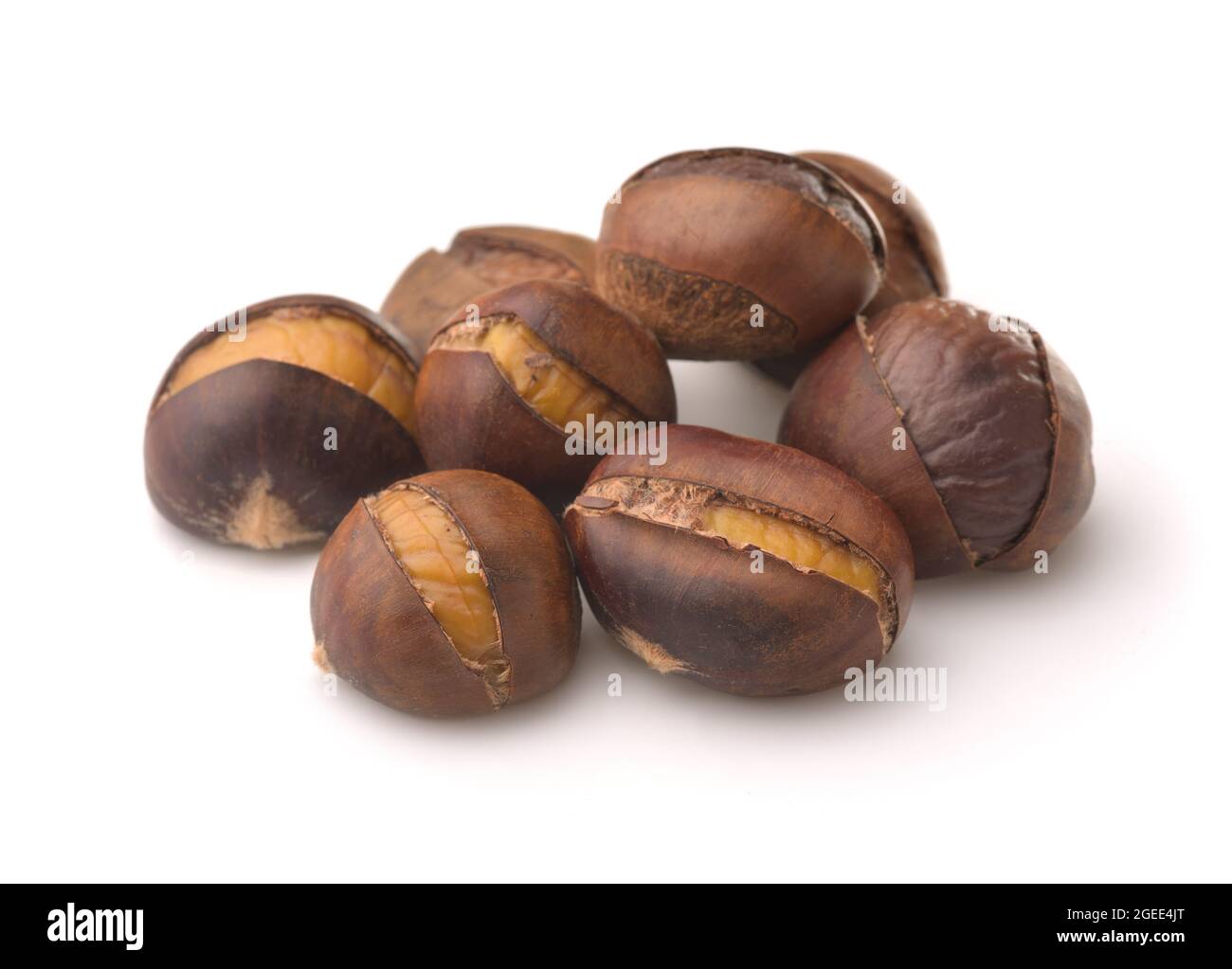 Organic roasted chestnuts isolated on white Stock Photo