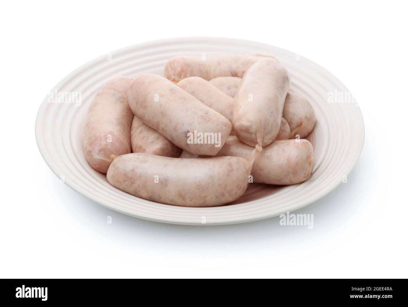 Plate of traditional bavarian white sausages isolated on white Stock Photo