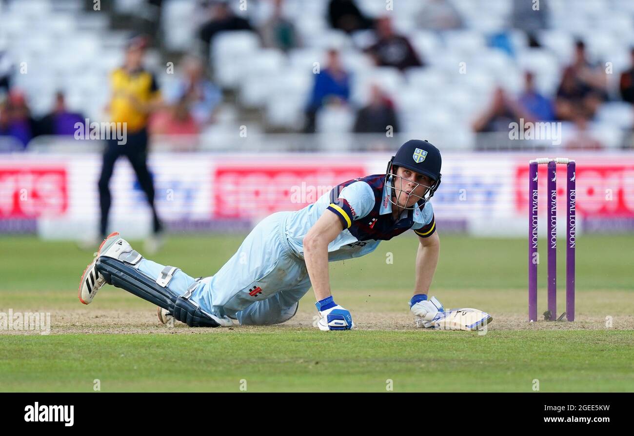 Durham's Cameron Bancroft dives to make the ground during the Royal London One-Day Cup Final at Trent Bridge, Nottingham. Picture date: Thursday August 19, 2021. See PA story CRICKET Final. Photo credit should read: Zac Goodwin/PA Wire. RESTRICTIONS: No commercial use without prior written consent of the ECB. Still image use only. No moving images to emulate broadcast. Editorial use only. No removing or obscuring of sponsor logos. Stock Photo