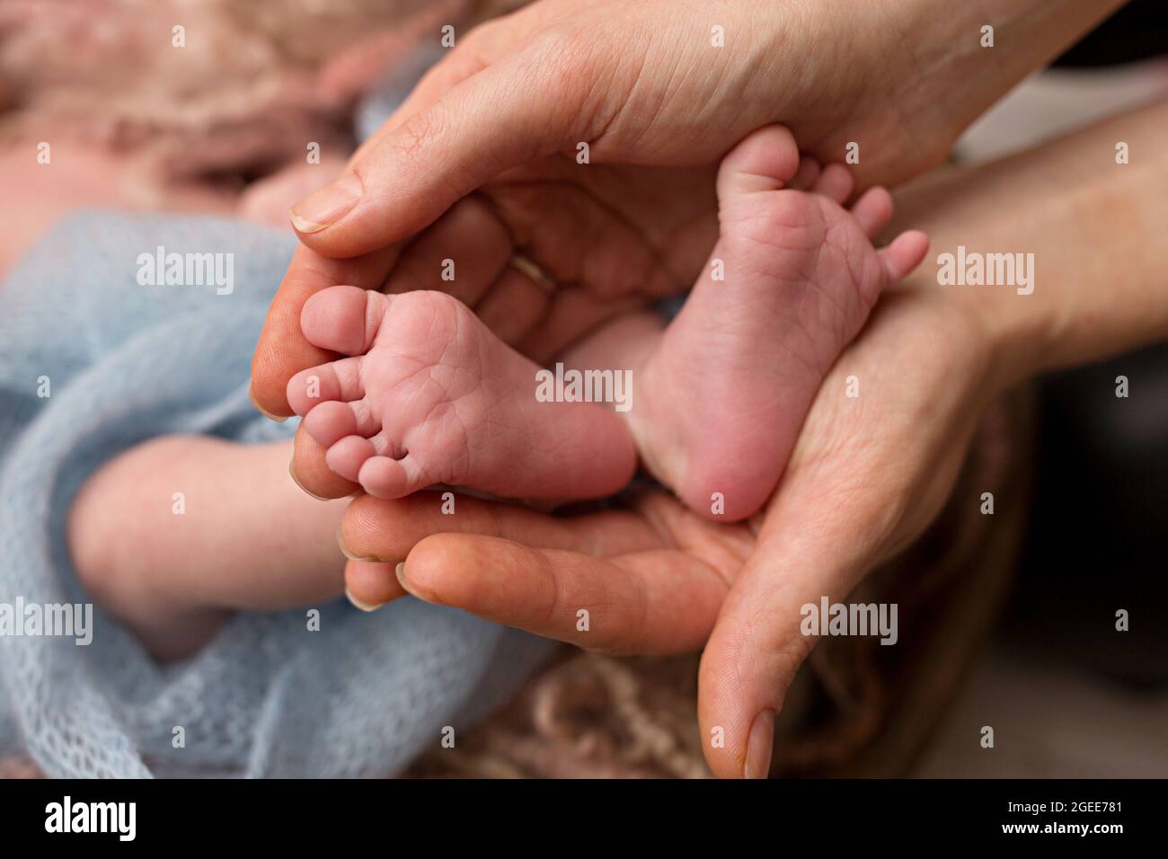 Loving mom hold baby's legs. Happy childhood. Parental care.  Stock Photo