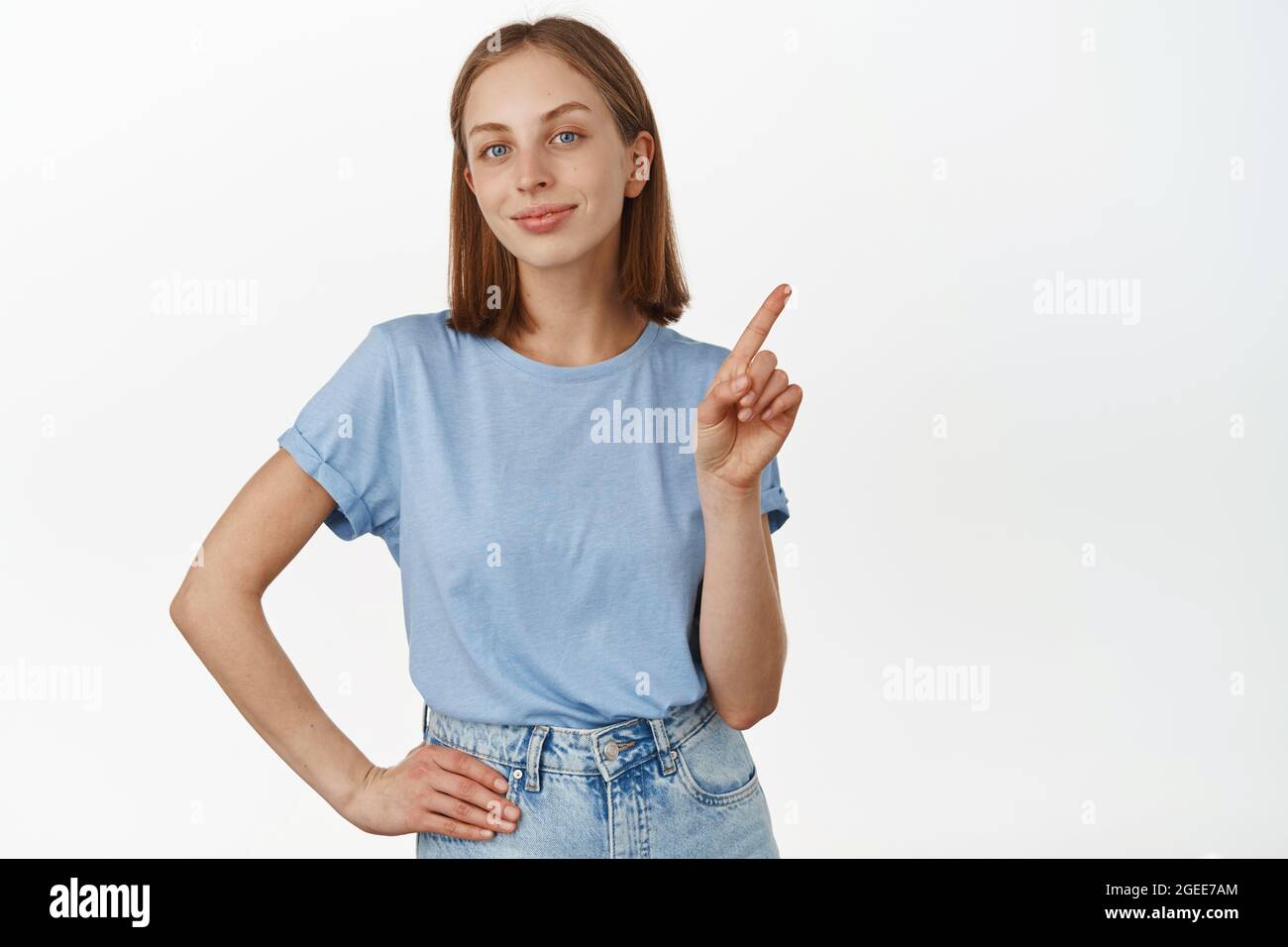 Not so fast. Smiling beautiful teen girl with blond hair and blue eyes