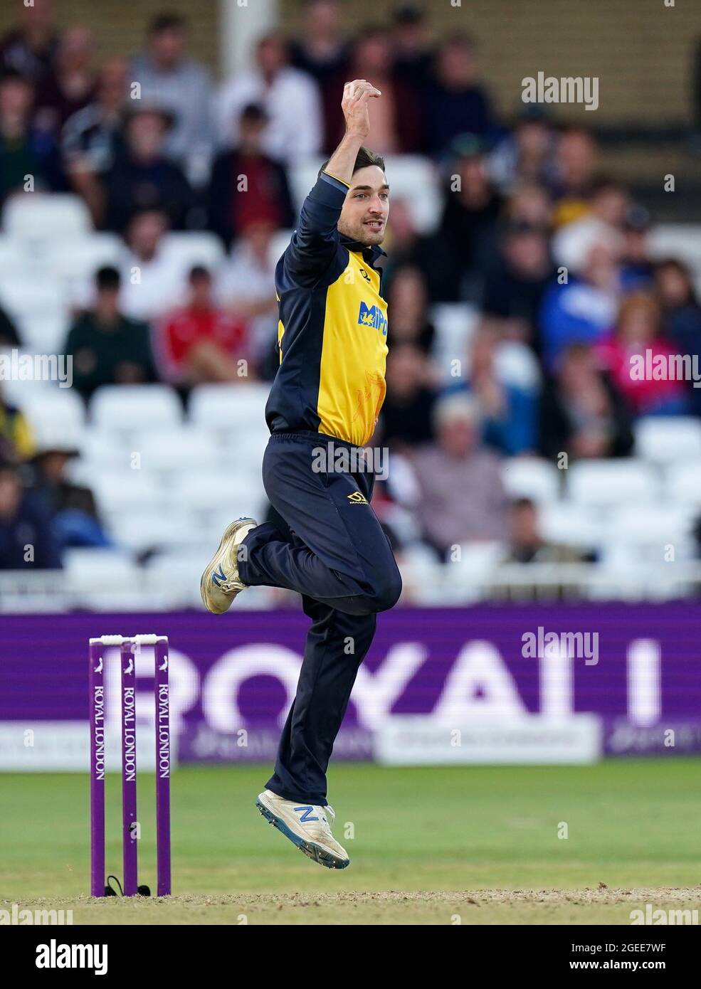 Glamorgan's Andrew Salter reacts during the Royal London One-Day Cup Final at Trent Bridge, Nottingham. Picture date: Thursday August 19, 2021. See PA story CRICKET Final. Photo credit should read: Zac Goodwin/PA Wire. RESTRICTIONS: No commercial use without prior written consent of the ECB. Still image use only. No moving images to emulate broadcast. Editorial use only. No removing or obscuring of sponsor logos. Stock Photo