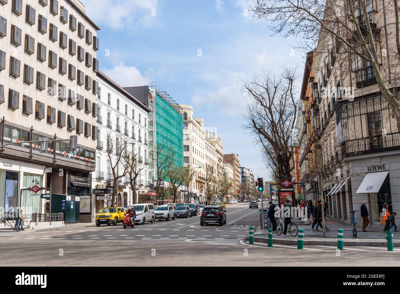 Madrid, Spain - March 7, 2021: Scenic view of Serrano amd Goya Street, a well known shopping area in Salamanca District, one of the wealthiest areas w Stock Photo