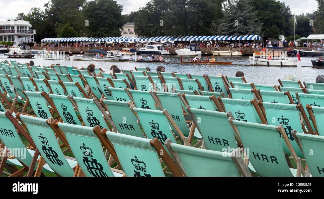 Deckchairs in the Steward's Enclosure at the Henley Royal Regatta 2021, Henley-on-Thames, Oxfordshire, England Stock Photo