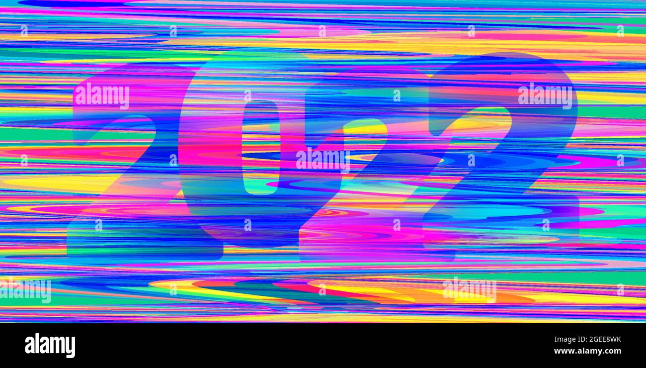 Bright multicolored 2022 glitch background with color noise effect. Vibrant vector graphic template Stock Vector