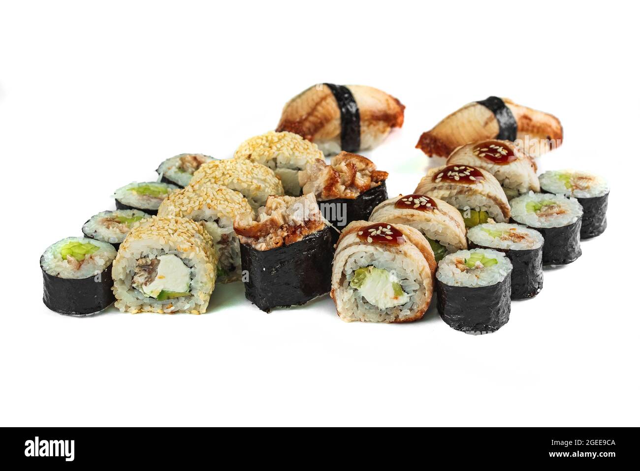 Sushi Roll Gunkans Set Japanese Food. Gunkan Spisy Sushi. Vector