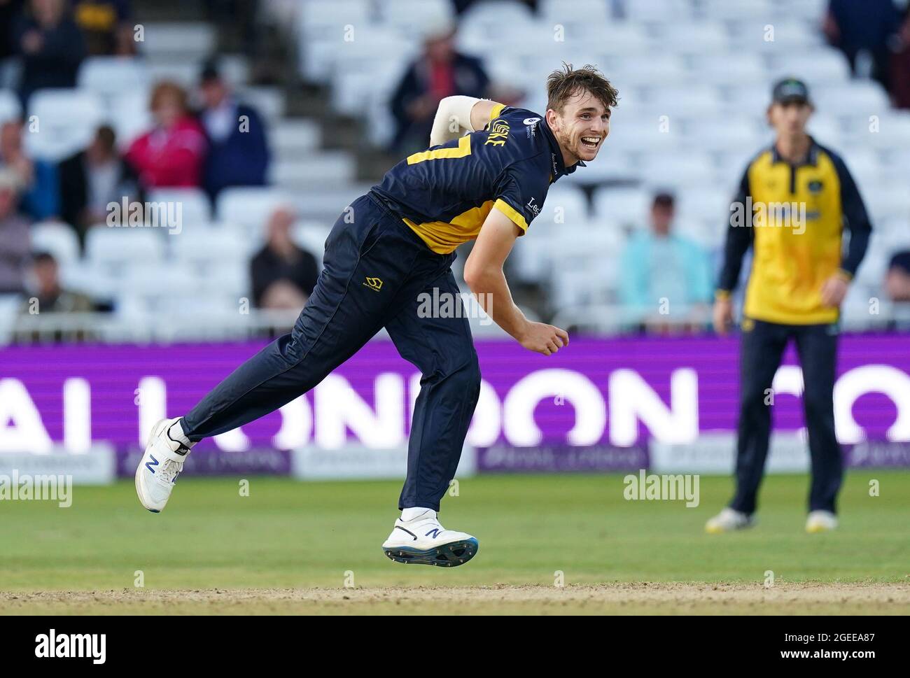 Glamorgan's Joe Cooke bowling during the Royal London One-Day Cup Final at Trent Bridge, Nottingham. Picture date: Thursday August 19, 2021. See PA story CRICKET Final. Photo credit should read: Zac Goodwin/PA Wire. RESTRICTIONS: No commercial use without prior written consent of the ECB. Still image use only. No moving images to emulate broadcast. Editorial use only. No removing or obscuring of sponsor logos. Stock Photo