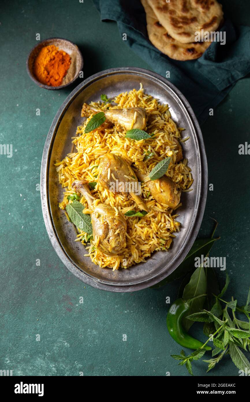 Indian or Pakistani food. Chiken Biryani rice biriany with mint herb