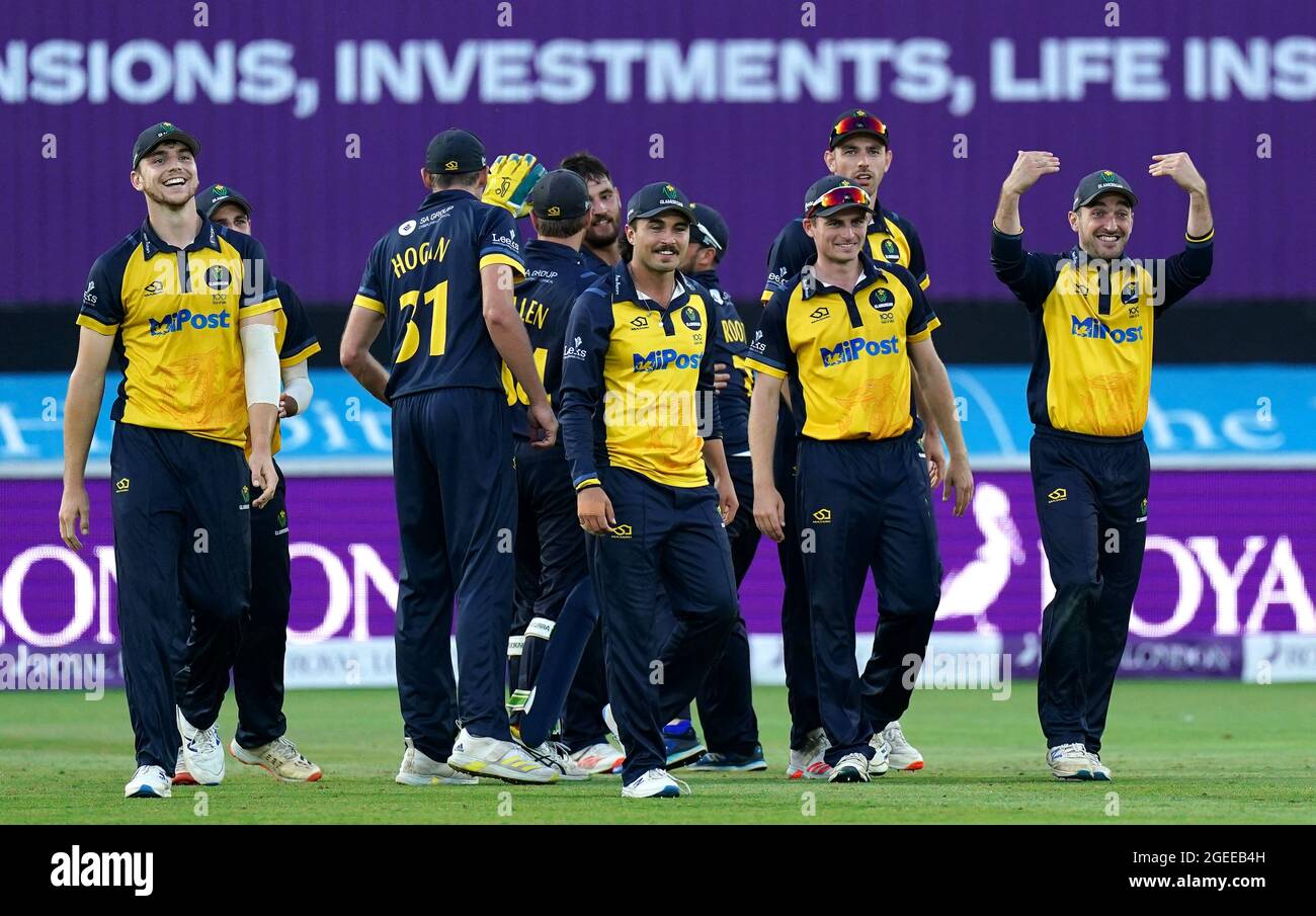 Glamorgan players celebrate the wicket of Durham's Matthew Potts during the Royal London One-Day Cup Final at Trent Bridge, Nottingham. Picture date: Thursday August 19, 2021. See PA story CRICKET Final. Photo credit should read: Zac Goodwin/PA Wire. RESTRICTIONS: No commercial use without prior written consent of the ECB. Still image use only. No moving images to emulate broadcast. Editorial use only. No removing or obscuring of sponsor logos. Stock Photo