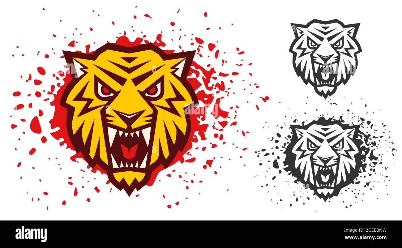 Vector retro sport logo with head of a tiger. Vintage print for t-shirt of angry tiger with blood drops. Stock Vector