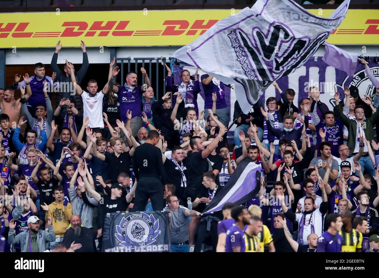 Brussels, Belgium. 19th Aug, 2021. BRUSSELS, BELGIUM - AUGUST 19: Fans of  RSC Anderlecht during the UEFA Europa Conference League Play-off Leg One  match between RSC Anderlecht and Vitesse at Lotto Park