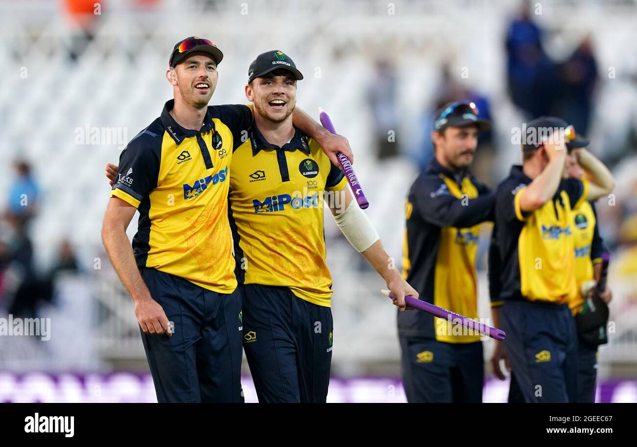 Glamorgan's James Weighell (left) and Joe Cooke celebrate winning the game after the Royal London One-Day Cup Final at Trent Bridge, Nottingham. Picture date: Thursday August 19, 2021. See PA story CRICKET Final. Photo credit should read: Zac Goodwin/PA Wire. RESTRICTIONS: No commercial use without prior written consent of the ECB. Still image use only. No moving images to emulate broadcast. Editorial use only. No removing or obscuring of sponsor logos. Stock Photo