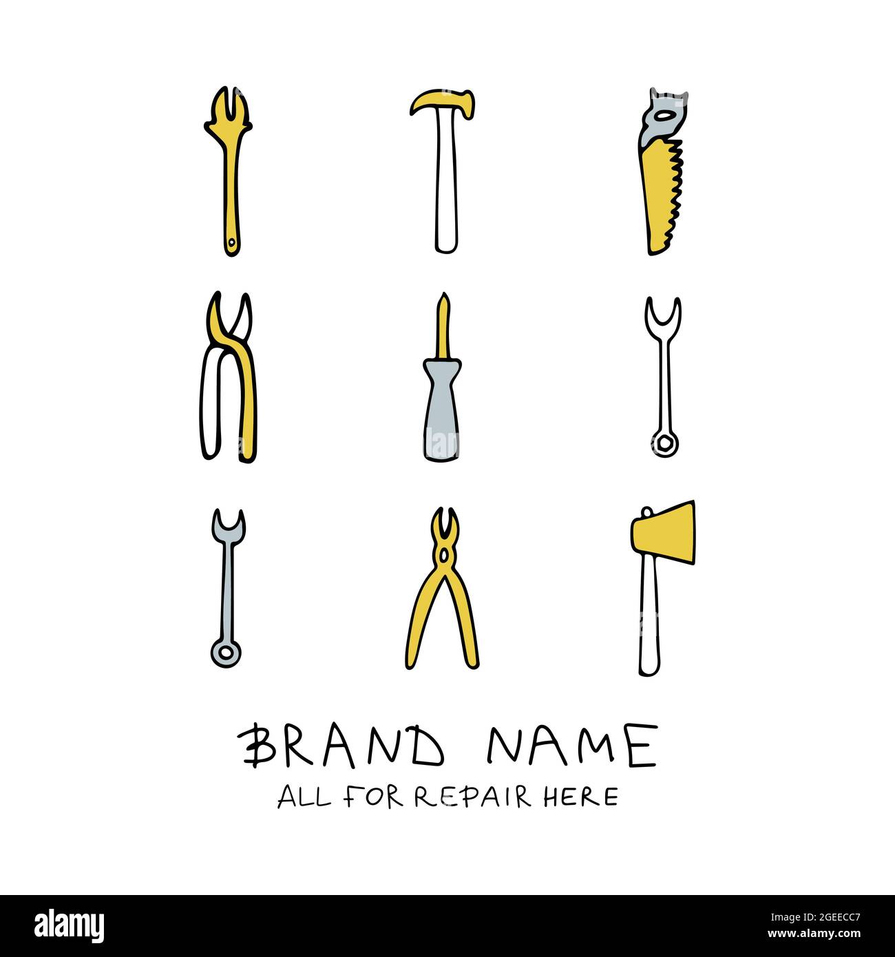 Saw, wire cutters, adjustable wrench, hammer, screwdriver, ax in trendy