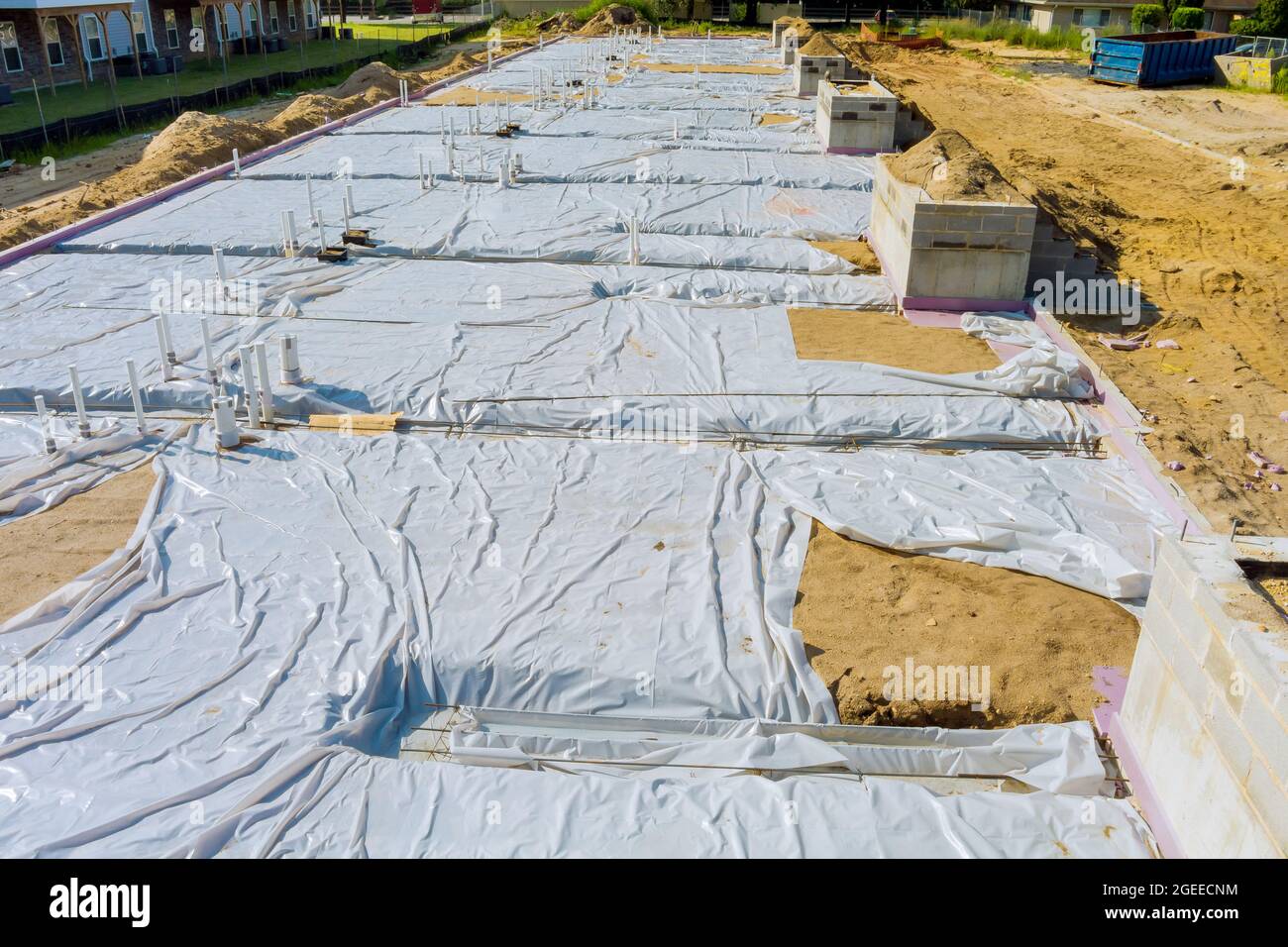 Aerial view with PVC pipe for building sewage drainage systems underground for new home Stock Photo