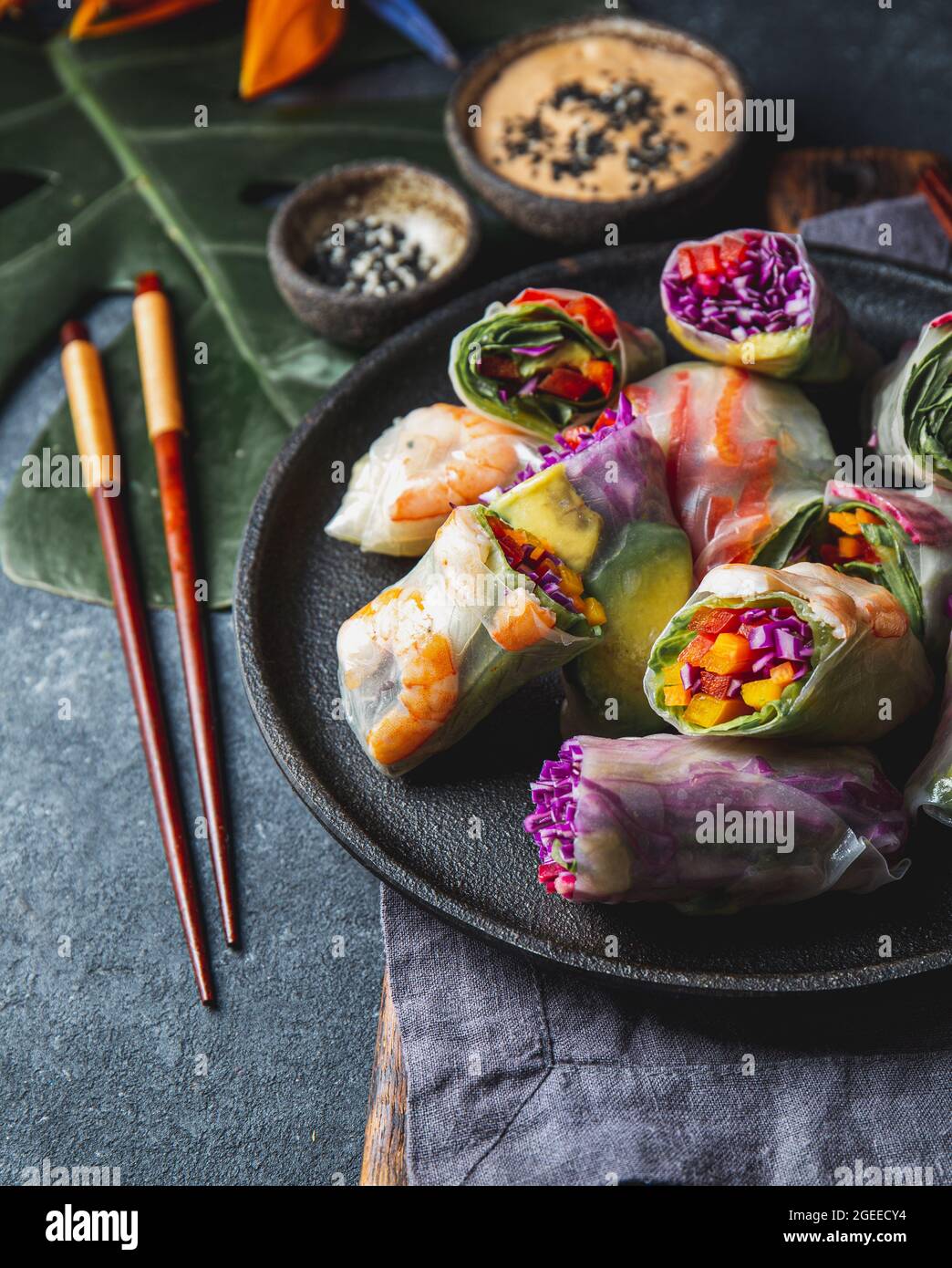 Spring rolls with vegetables and shrimps. Vietnamese dish Stock Photo