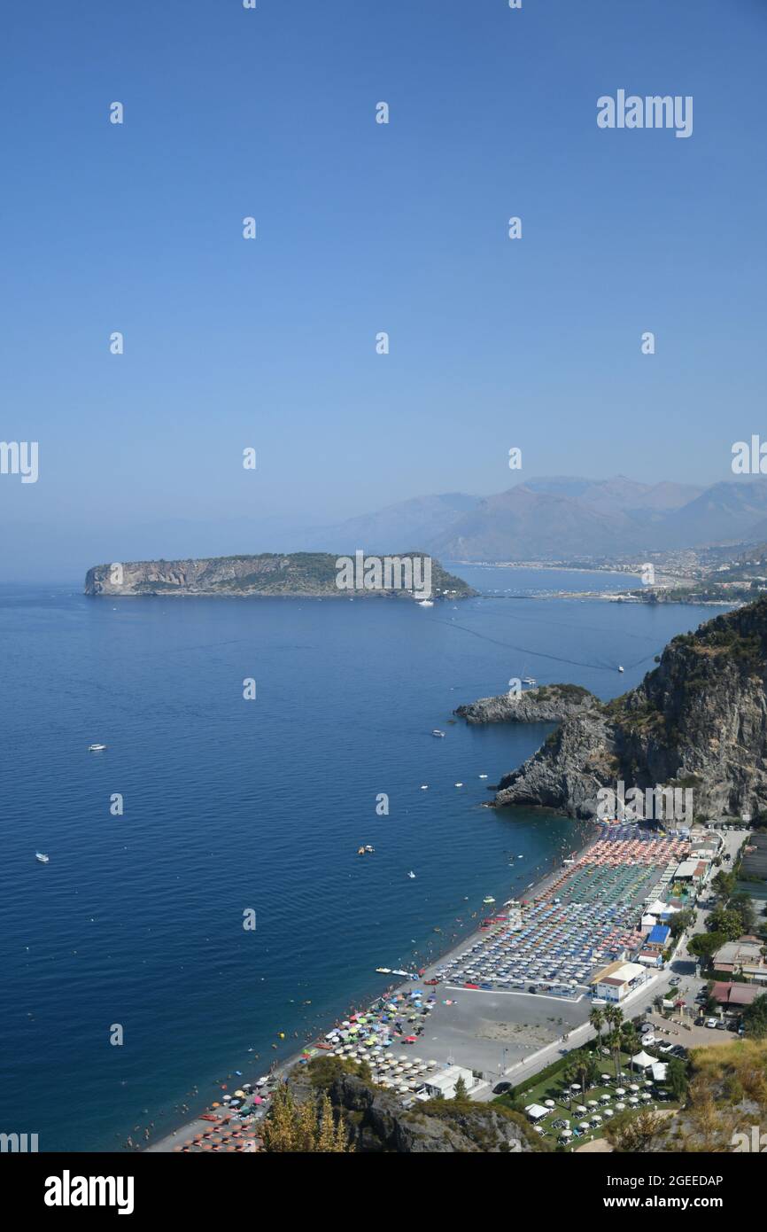 Panoramic view of the coast of San Nicola Arcella, a tourist resort in the Calabria region of Italy. Stock Photo