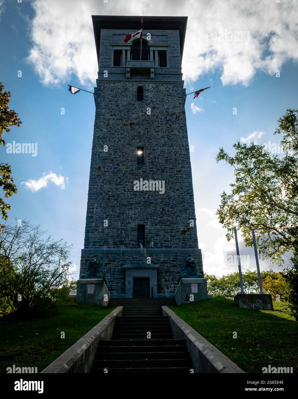 looking up the steps to dingle memorial tower in Sir Sandford Fleming Park, on a beautiful clear day in the end of fall Stock Photo