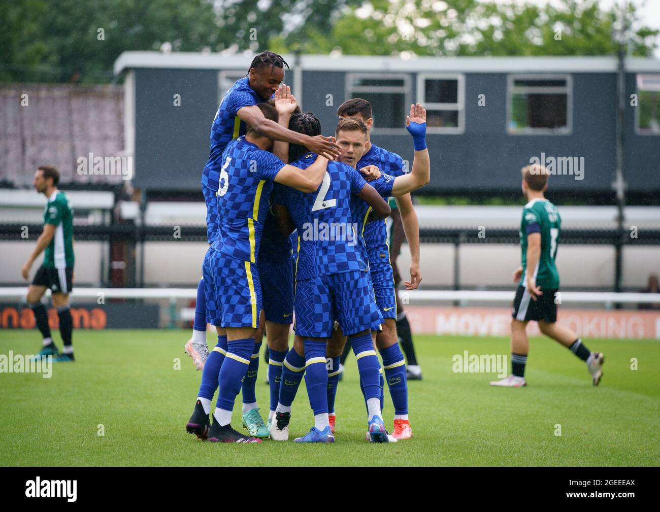 Woking, UK. 31st July, 2021. Jayden Wareham of Chelsea U23 celebrates his goal against former club after just 22 seconds during the 2021/22 Pre Season Friendly match between Woking and Chelsea U23 at the Kingfield Stadium, Woking, England on 31 July 2021. Photo by Andy Rowland. Credit: PRiME Media Images/Alamy Live News Stock Photo
