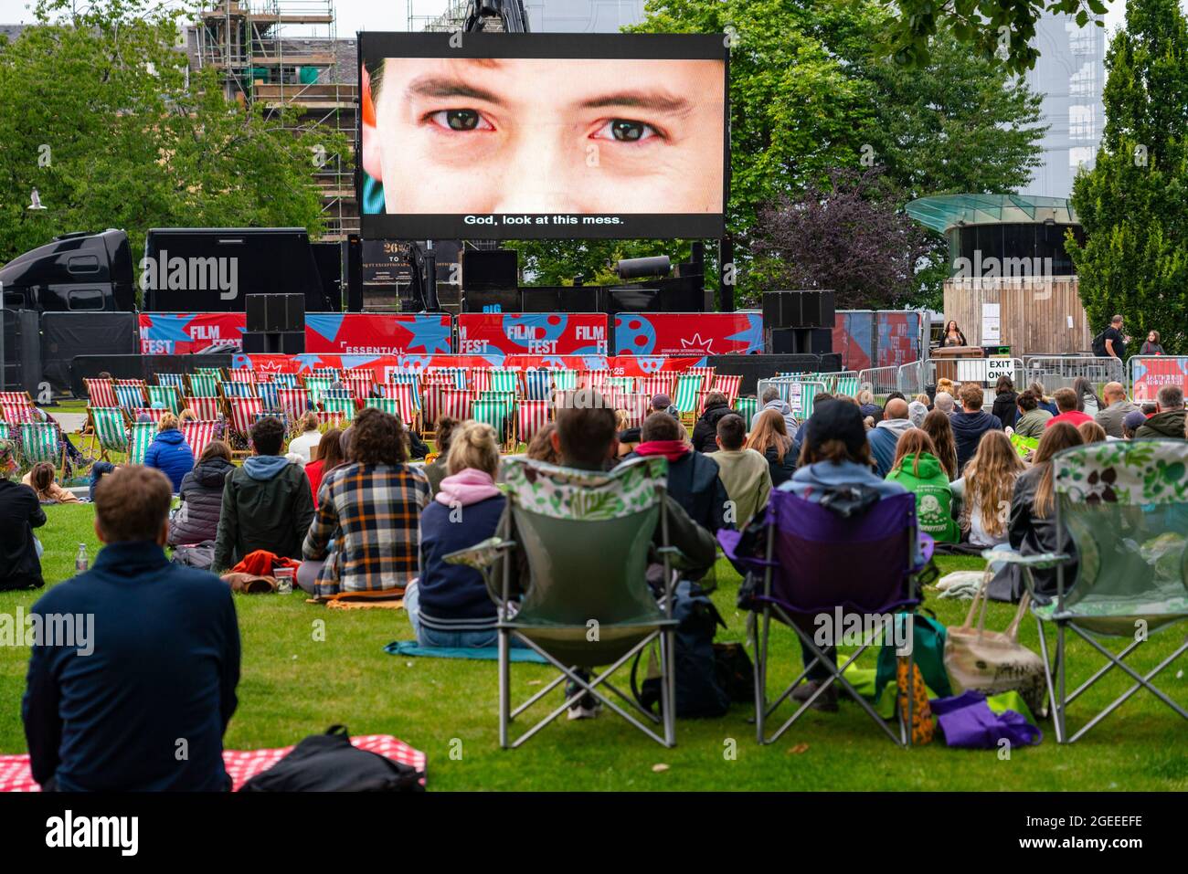 Edinburgh, Scotland, UK. 19th August  2021. Audience watch an outdoor screening of the cult movie Ferris Bueller’s Day Off at the  Film Fest in the City outdoor cinema in St Andrew Square. This is one of the events taking place during the Edinburgh International Film Festival in the city.  Iain Masterton/Alamy Live news. Stock Photo