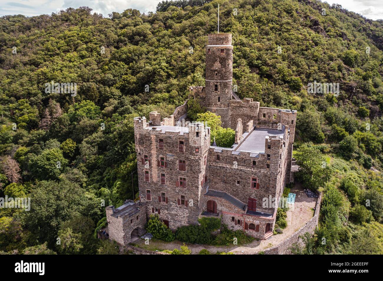 Aerial view of the Mouse Castle  Surrounded by green forest landscape Stock Photo