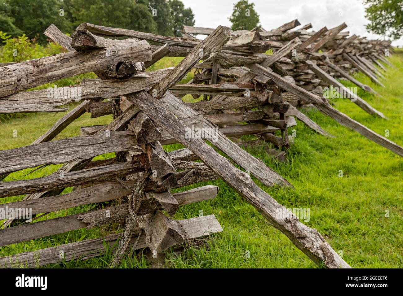 Republic, Missouri - A split rail fence at Wilson's Creek National Battlefield, site of an 1861 battle in the American Civil War. Stock Photo